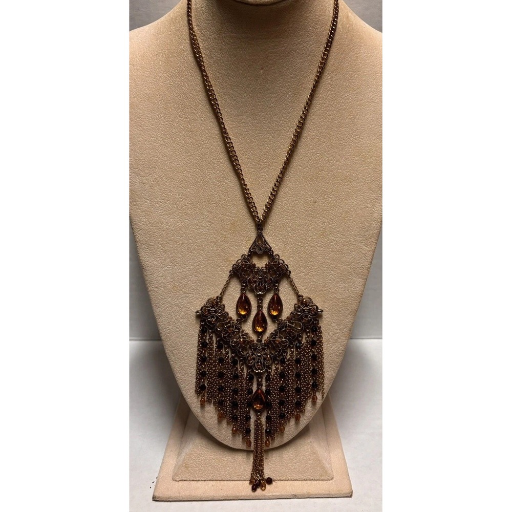 Necklace gold tone vintage deep amber stones dangle 15" long big pendant is‎ 6"